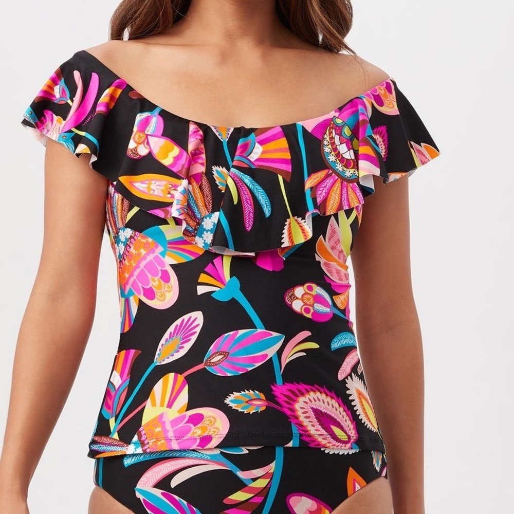 Trina Turk Luminary Off-The-Shoulder Ruffle Tankini Swim Top Only Women's Size 6